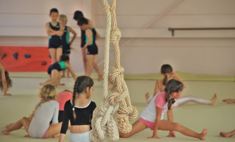 Girls gym class with climbing rope